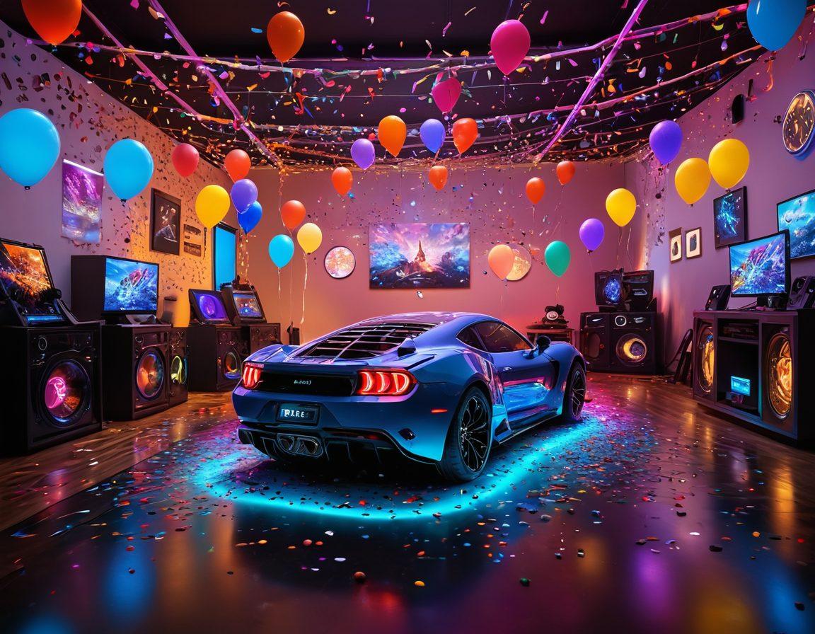 A vibrant gaming setup with custom-modified consoles and controllers, surrounded by colorful LED lights. Showcase a player immersed in a joyful gaming experience, with floating game elements representing different genres around them. Include symbols of joy like balloons and confetti in the background. The atmosphere should feel dynamic and energetic, highlighting the fun of personalization in gaming. super-realistic. vibrant colors. 3D.