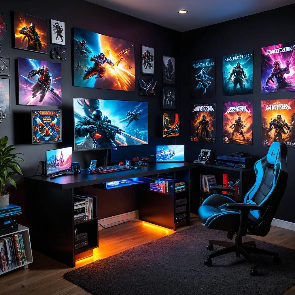 A vibrant gaming setup featuring a customizable gaming console with colorful mods, a player intensely engaged in gameplay, and various game controllers scattered around. The background shows a wall adorned with posters of popular video games and vibrant LED lights illuminating the scene. super-realistic. vibrant colors. 3D.