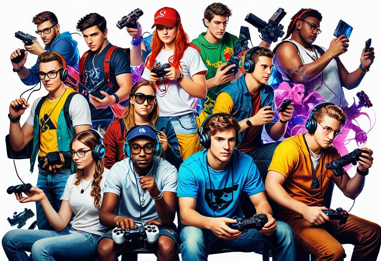 A vibrant collage of diverse gamers collaborating on creative modifications for their favorite games, showcasing colorful game controllers, imaginative characters, and a variety of digital art on screens. Include elements of fantasy and futuristic designs, emphasizing community interaction and creativity. super-realistic. vibrant colors. white background.